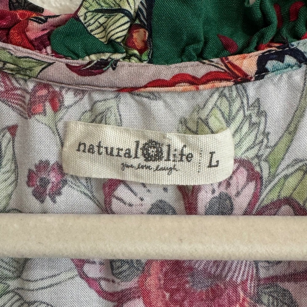 Natural Life Floral Boho Peplum Top Green‎ Pink Tassels Ruffle V-Neck Large Boho - Picture 3 of 9